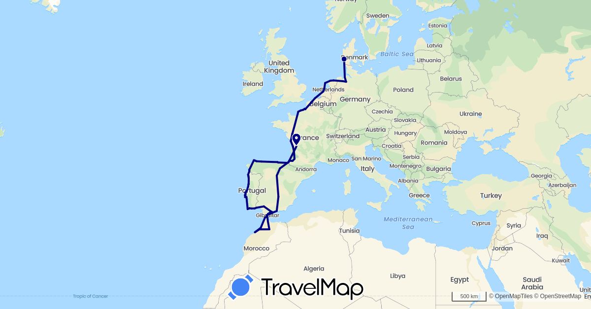 TravelMap itinerary: driving in Belgium, Germany, Denmark, Spain, France, Gibraltar, Morocco, Netherlands, Portugal (Africa, Europe)